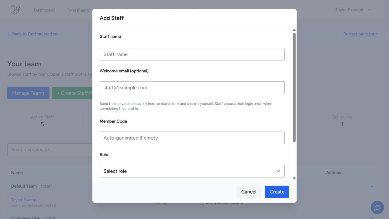 Add Staff form showing name, optional welcome email, member code and role