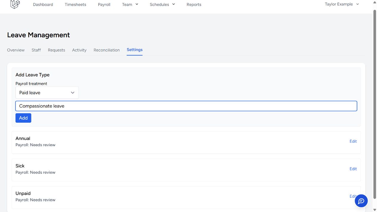 Leave Management Settings showing the Paid leave choice for a fictional Compassionate leave type